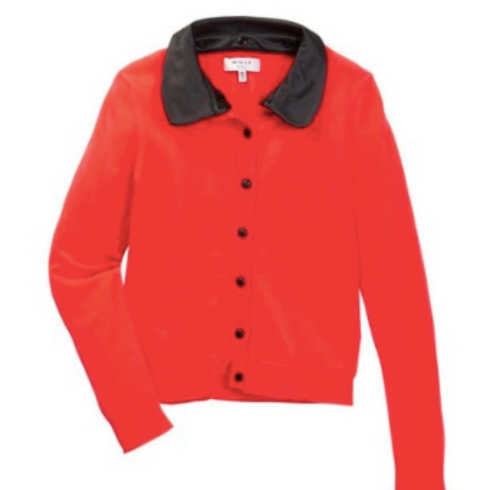 Milly Minis Faux Leather Collar Cardigan 12  (Big Girls) in Neon Melon